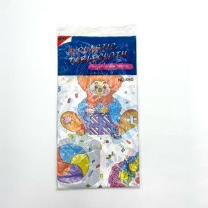 Vintage Plastic Birthday Tablecloth Clowns 54x96